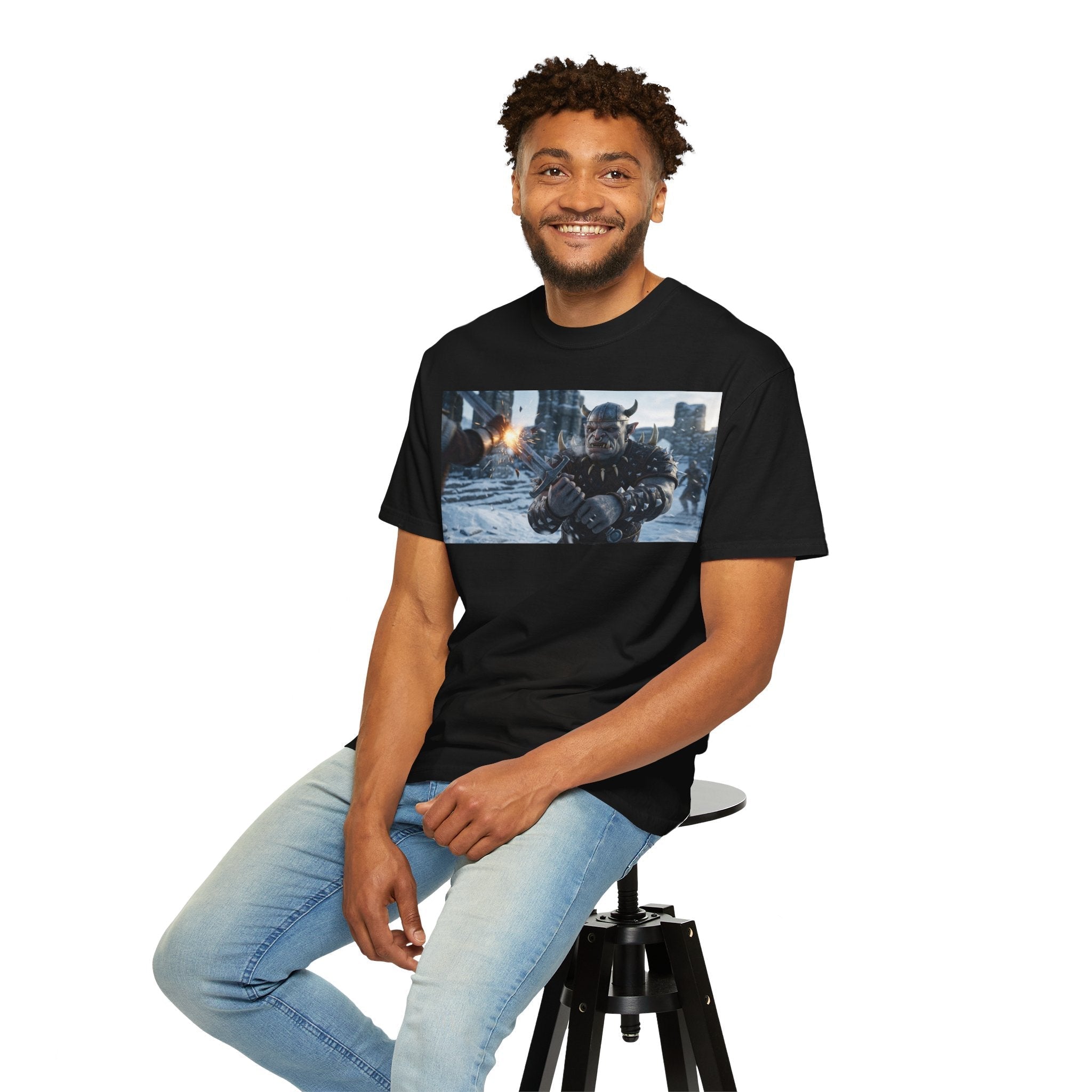 Viking Warrior Battle Scene T-shirt featuring helmeted Norse fighter amid smoke and stone on vintage garment-dyed cotton