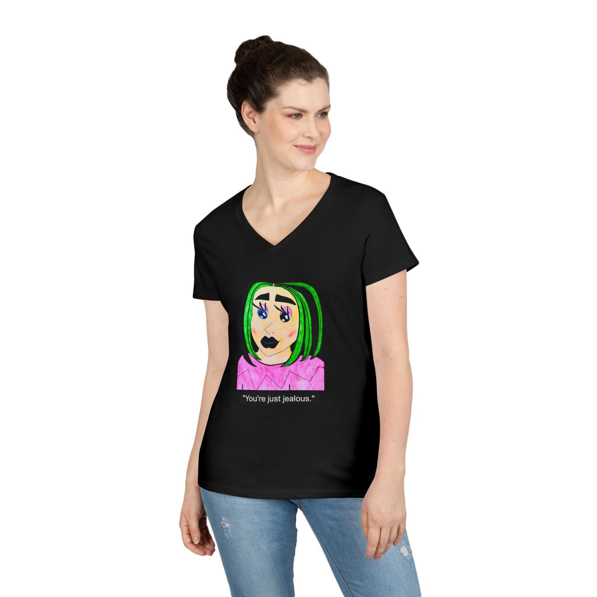 Cyberpunk gothic anime girl V-neck tee featuring layered necklaces and neon green hair design
