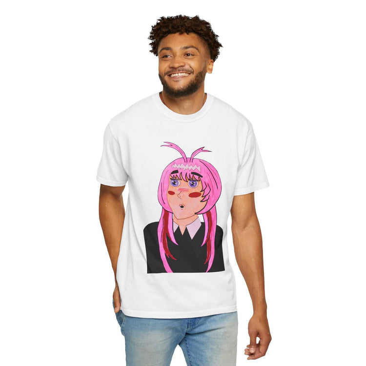 Relaxed fit T-shirt featuring vibrant anime pink-haired girl portrait on plush cotton fabric