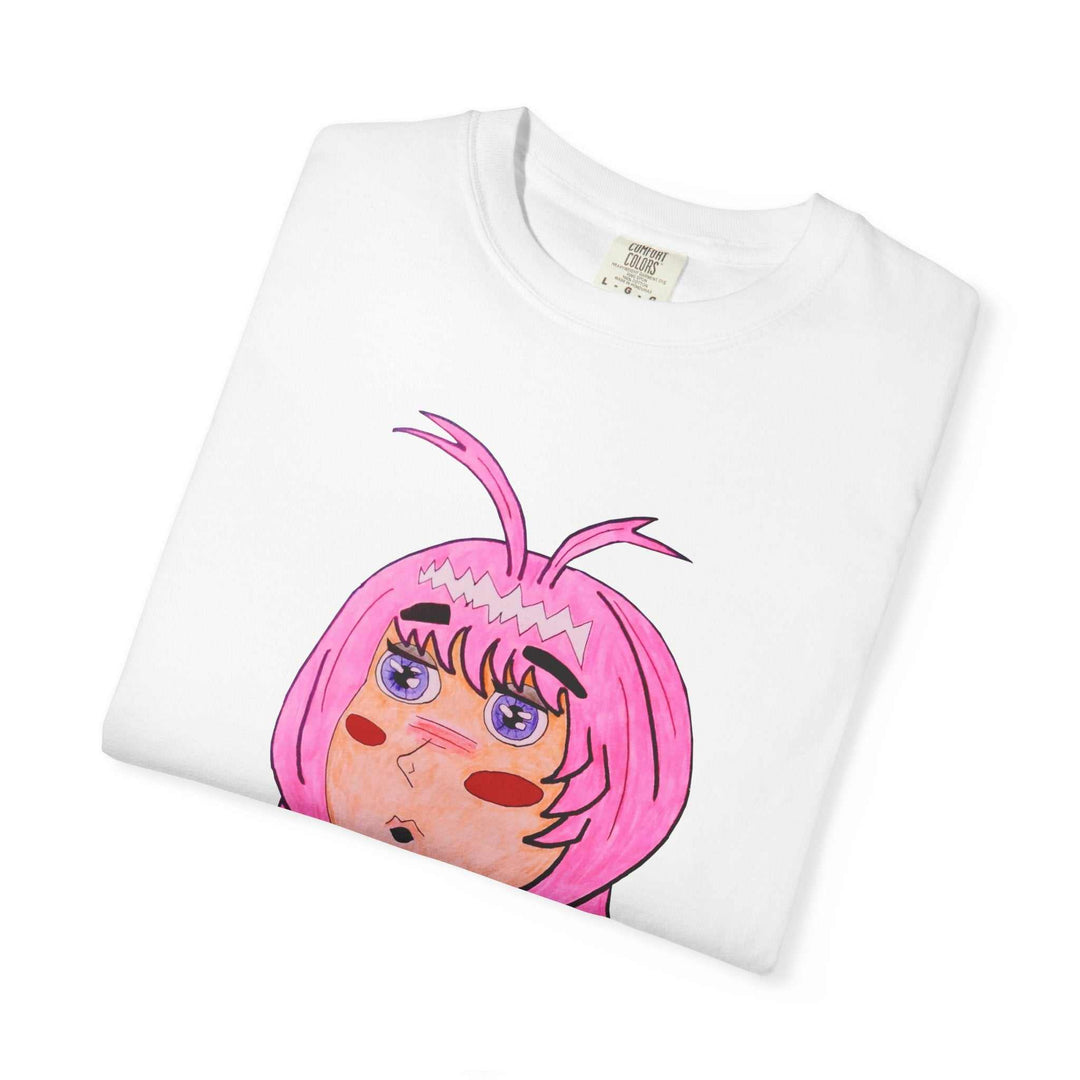 Relaxed fit T-shirt featuring a pink-haired anime girl portrait on plush cotton fabric