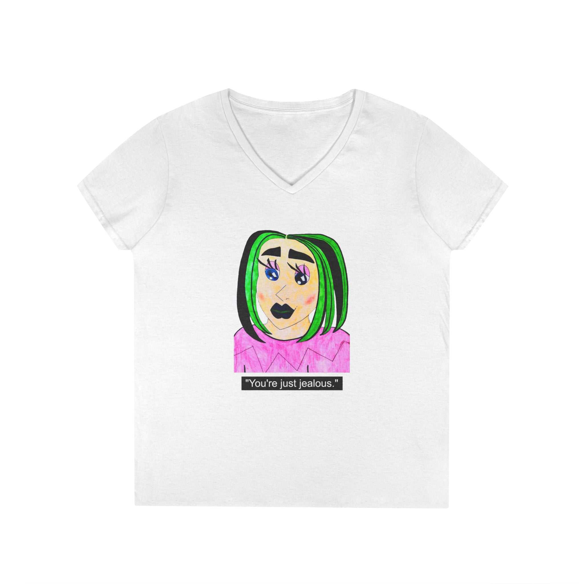 Cyberpunk gothic anime girl V-neck tee featuring layered necklaces and neon green hair design
