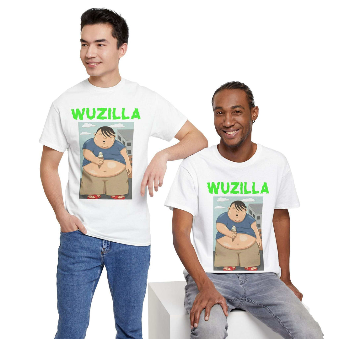 Cartoon monster boy eating vanilla ice cream with rainbow sprinkles on unisex t-shirt