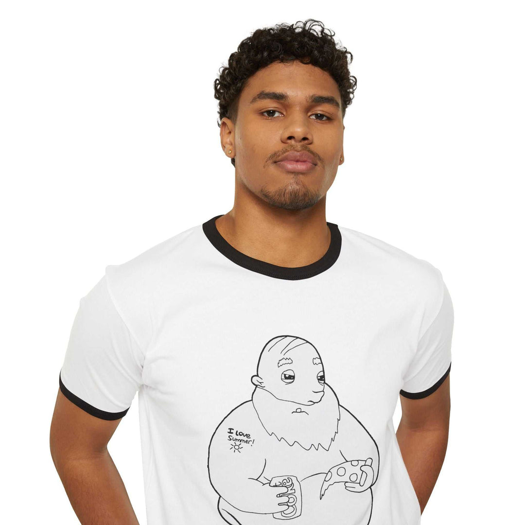 Bearded guy cartoon enjoying pizza and soda on a late-night snacks T-shirt with contrast collar and sleeve bands