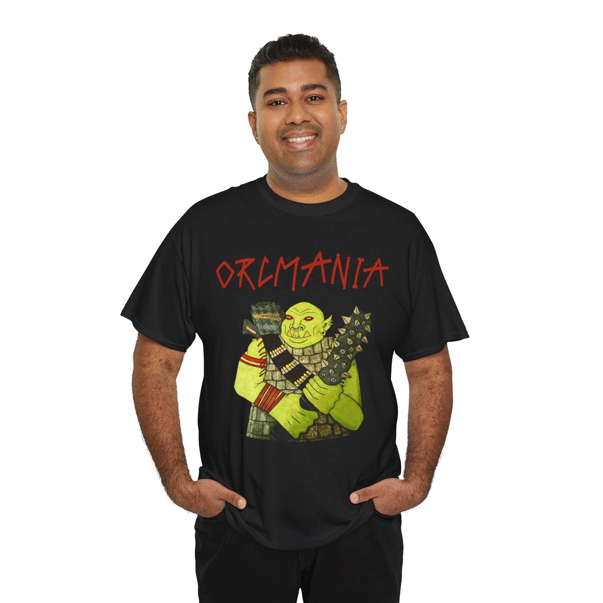 Orc fantasy art T-shirt with bright green orc and ORCMANIA text on medium-weight cotton tee