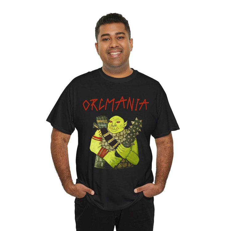 Orc fantasy art T-shirt with bright green orc and ORCMANIA text on medium-weight cotton tee