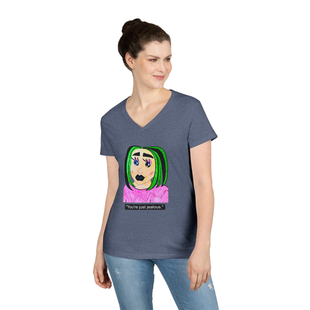 Cyberpunk gothic anime girl V-neck tee featuring layered necklaces and neon green hair design