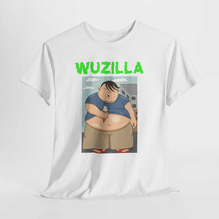 Cartoon monster boy eating ice cream on unisex tshirt with bright rainbow sprinkles