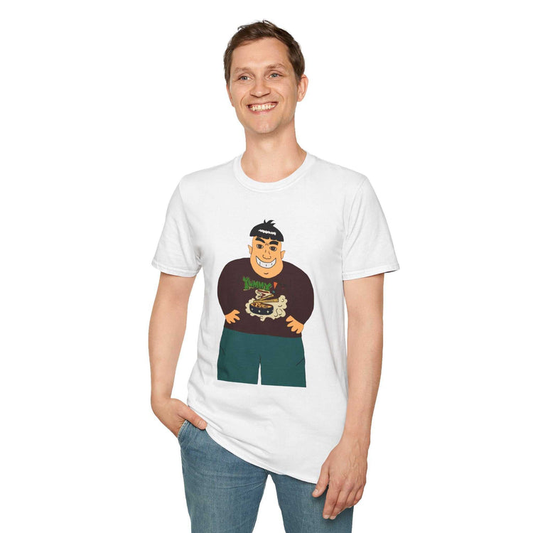 Cartoon big guy eating ramen illustration on a comfortable cotton t-shirt