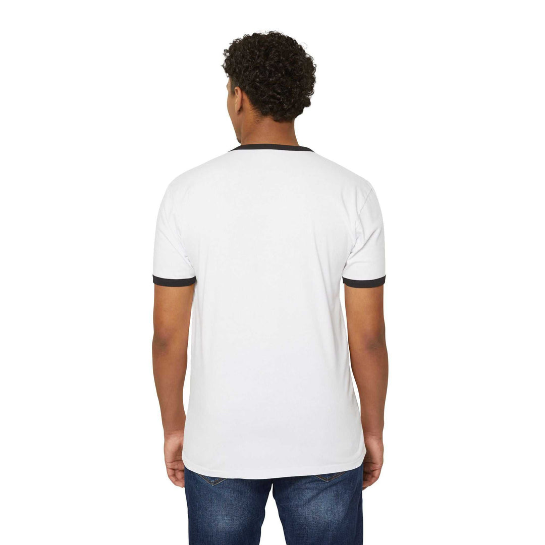 Bearded guy cartoon enjoying pizza and soda on a late-night snacks T-shirt with contrast collar and sleeve bands