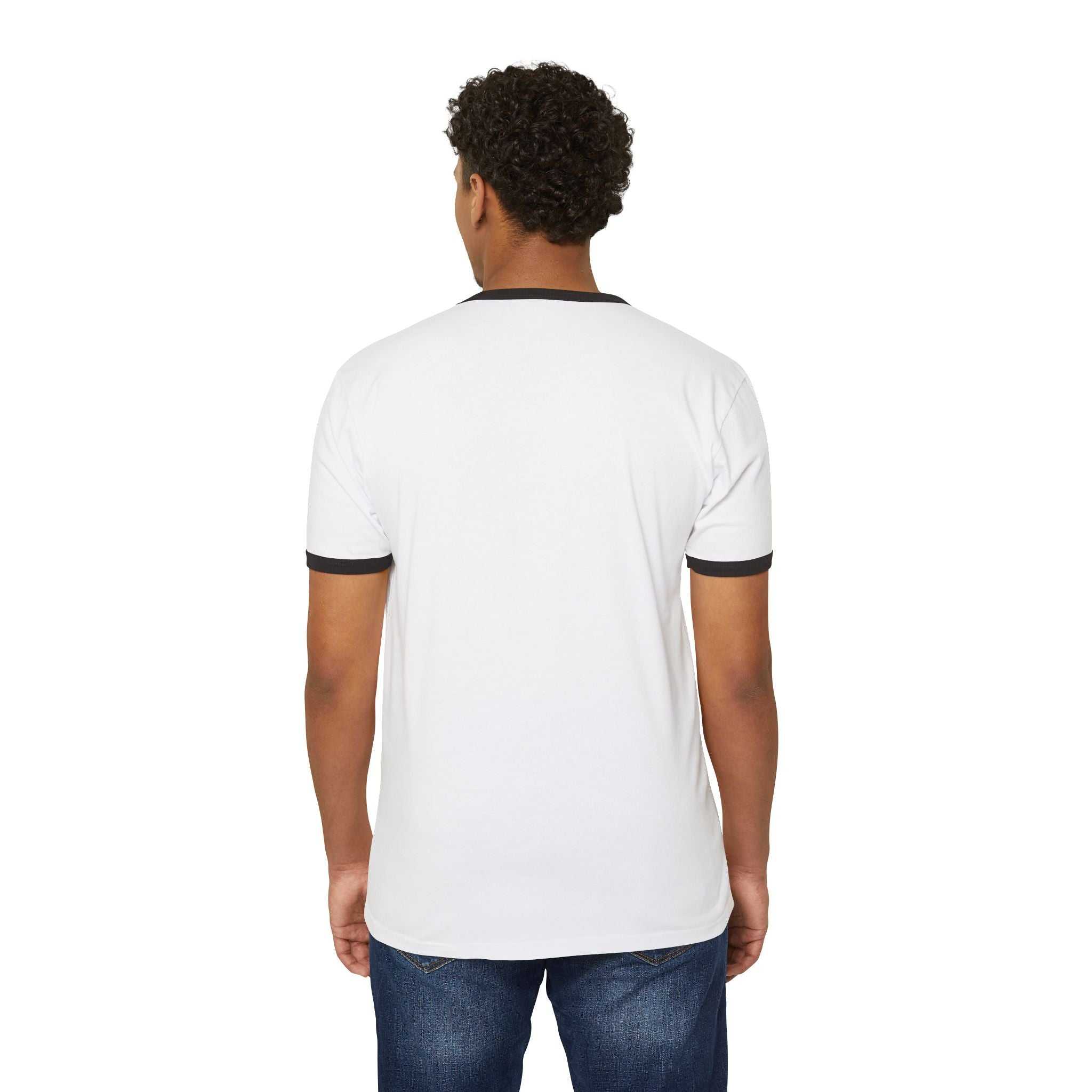 Bearded guy cartoon enjoying pizza and soda on a late-night snacks T-shirt with contrast collar and sleeve bands