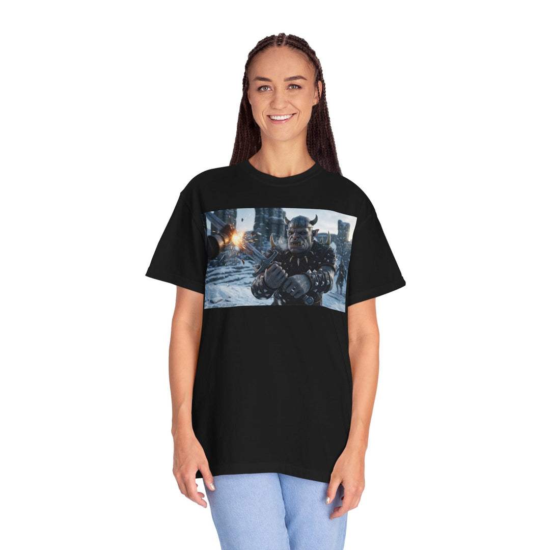 Viking Warrior Battle Scene T-shirt featuring helmeted Norse fighter in smoky battlefield design on garment-dyed vintage cotton tee